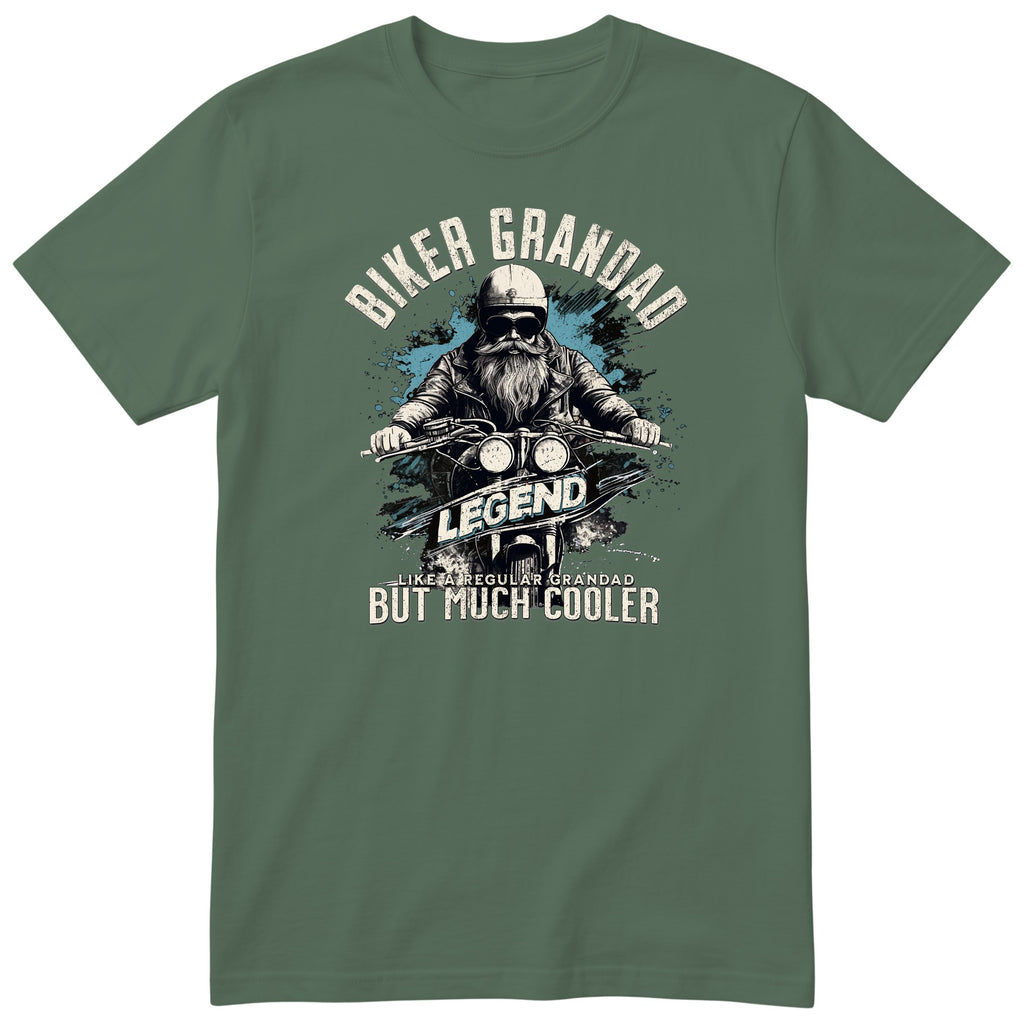 Olive Biker Grandad Legend T-Shirt t-shirt - bearded biker in a helmet and sunglasses on a motorcycle, the word LEGEND and a blue paint splash, gift for grandad