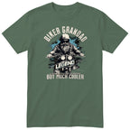 Olive Biker Grandad Legend T-Shirt t-shirt - bearded biker in a helmet and sunglasses on a motorcycle, the word LEGEND and a blue paint splash, gift for grandad
