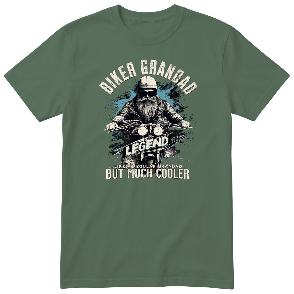 Olive Biker Grandad Legend T-Shirt t-shirt - bearded biker in a helmet and sunglasses on a motorcycle, the word LEGEND and a blue paint splash, gift for grandad