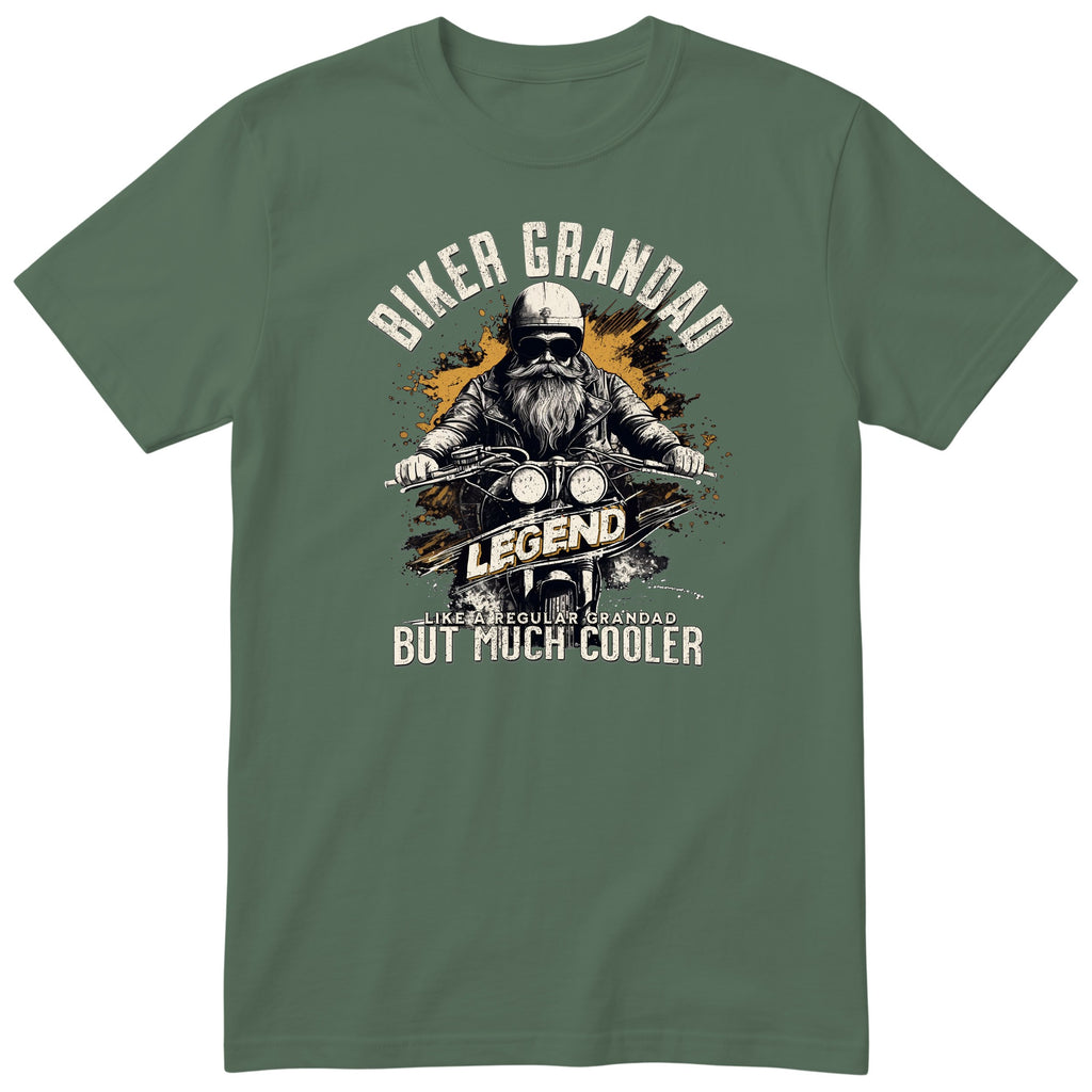 Olive Biker Grandad Legend Shirt t-shirt - bearded biker in a helmet and sunglasses on a motorcycle, the word LEGEND and a orange paint splash, gift for grandad