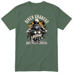 Olive Biker Grandad Legend Shirt t-shirt - bearded biker in a helmet and sunglasses on a motorcycle, the word LEGEND and a orange paint splash, gift for grandad