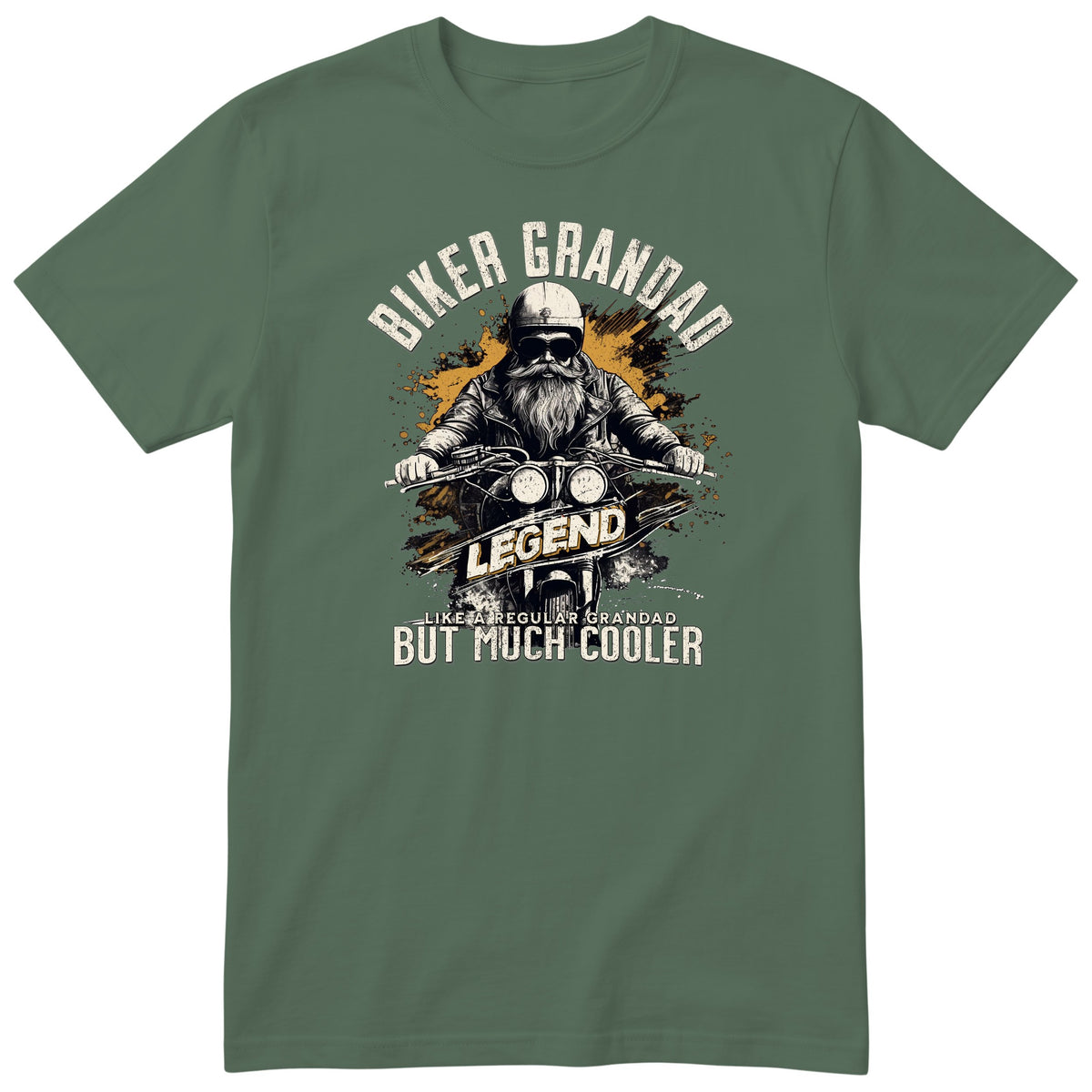Olive Biker Grandad Legend Shirt t-shirt - bearded biker in a helmet and sunglasses on a motorcycle, the word LEGEND and a orange paint splash, gift for grandad