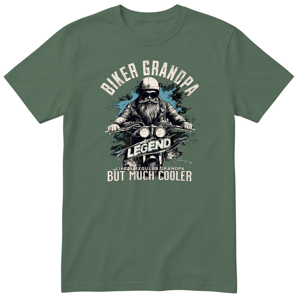 Olive Biker Grandpa Legend T-Shirt t-shirt - bearded biker in a helmet and sunglasses on a motorcycle, the word LEGEND and a blue paint splash, gift for grandpa
