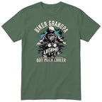 Olive Biker Grandpa Legend T-Shirt t-shirt - bearded biker in a helmet and sunglasses on a motorcycle, the word LEGEND and a blue paint splash, gift for grandpa