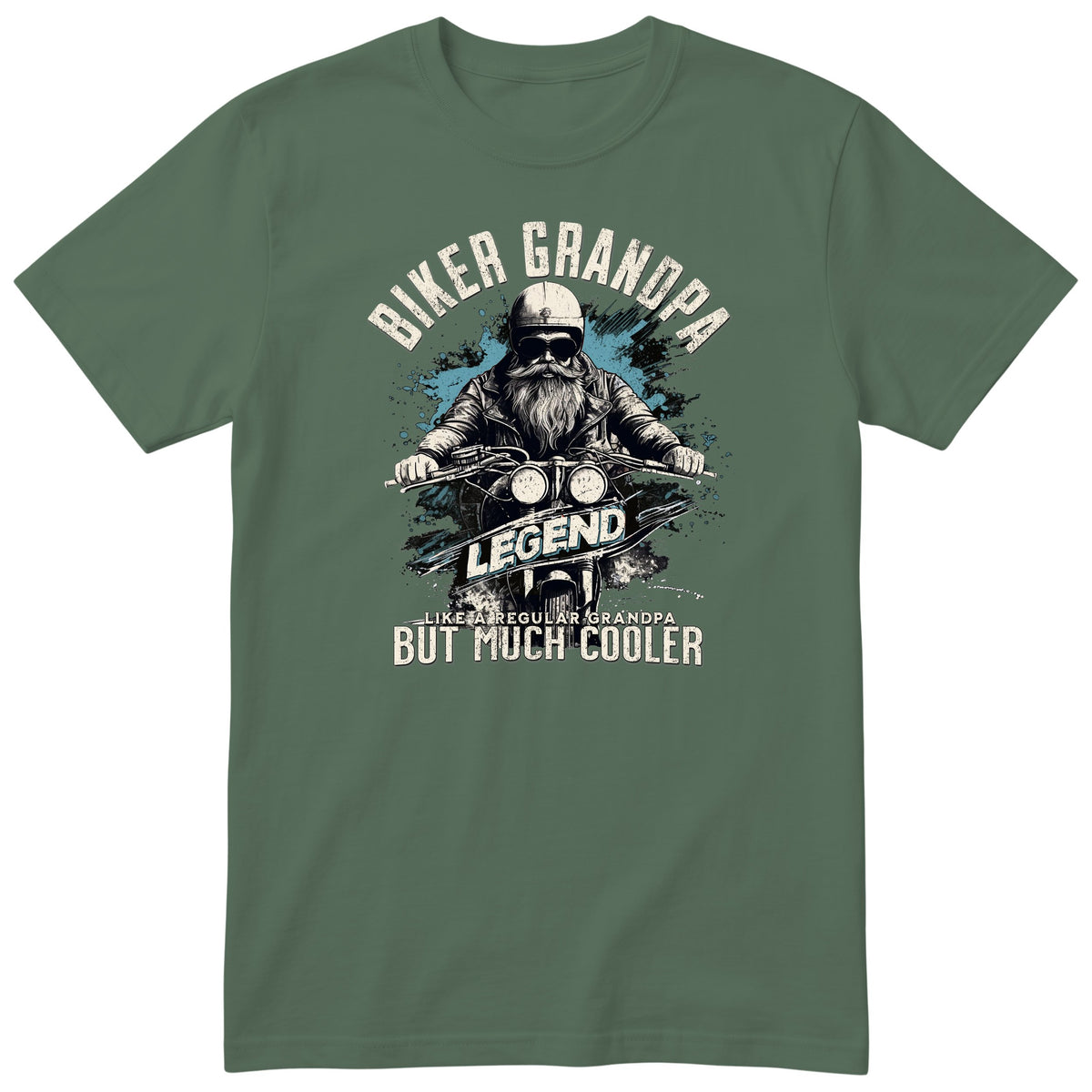 Olive Biker Grandpa Legend T-Shirt t-shirt - bearded biker in a helmet and sunglasses on a motorcycle, the word LEGEND and a blue paint splash, gift for grandpa