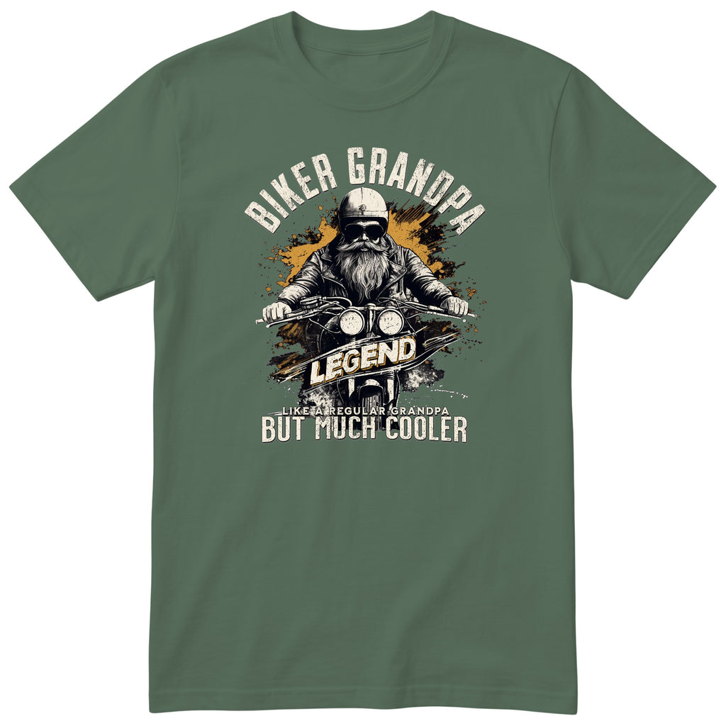 Olive Biker Grandpa Legend Shirt t-shirt - bearded biker in a helmet and sunglasses on a motorcycle, the word LEGEND and a orange paint splash, gift for grandpa