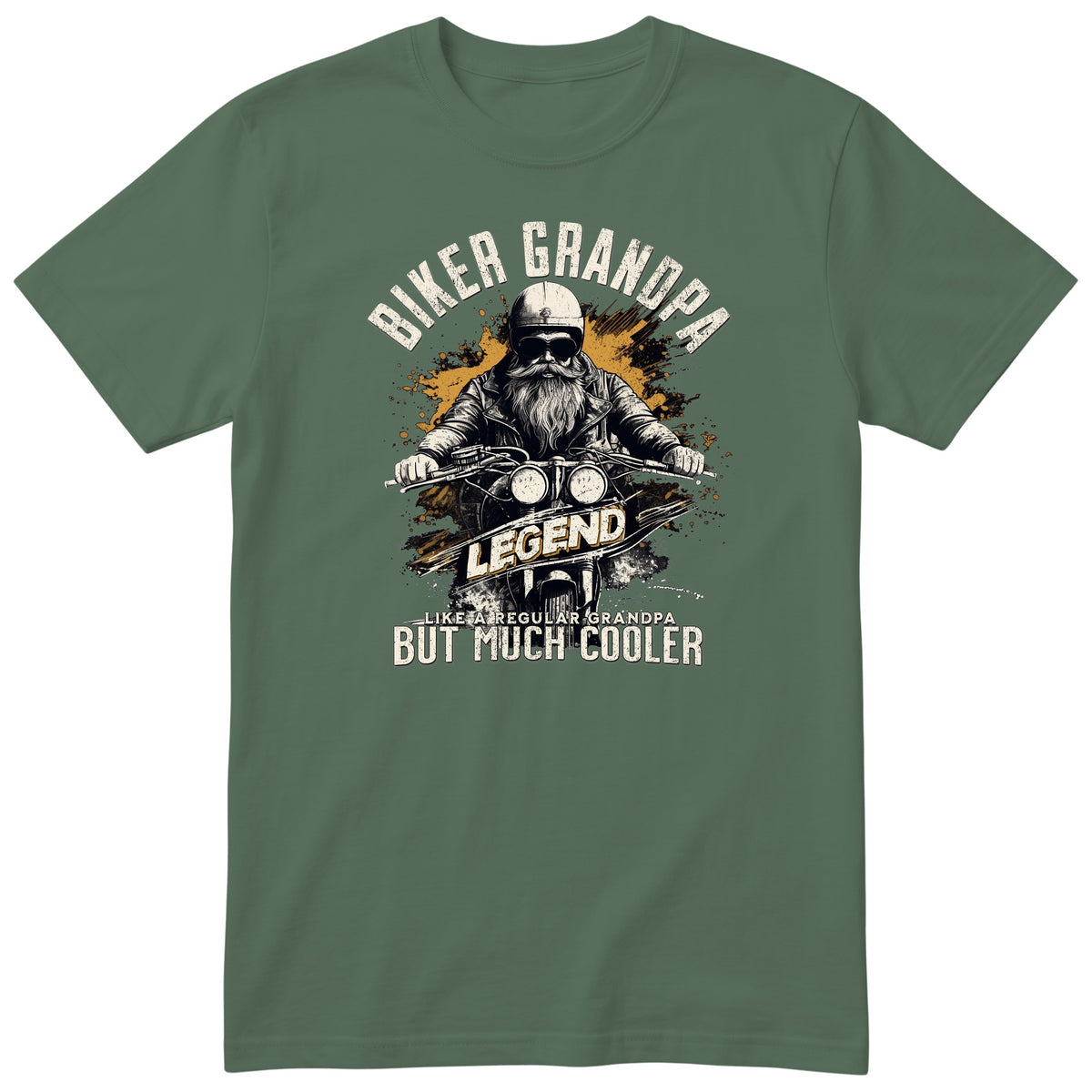 Olive Biker Grandpa Legend Shirt t-shirt - bearded biker in a helmet and sunglasses on a motorcycle, the word LEGEND and a orange paint splash, gift for grandpa