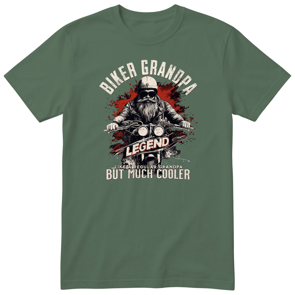 Olive Biker Grandpa Legend t-shirt - bearded biker in a helmet and sunglasses on a motorcycle, the word LEGEND and a red paint splash, gift for grandpa