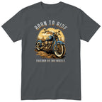 Charcoal Born to Ride motorcycle t-shirt - blue vintage motorcycle on a dirt track with a forest sunset behind, gift for a biker