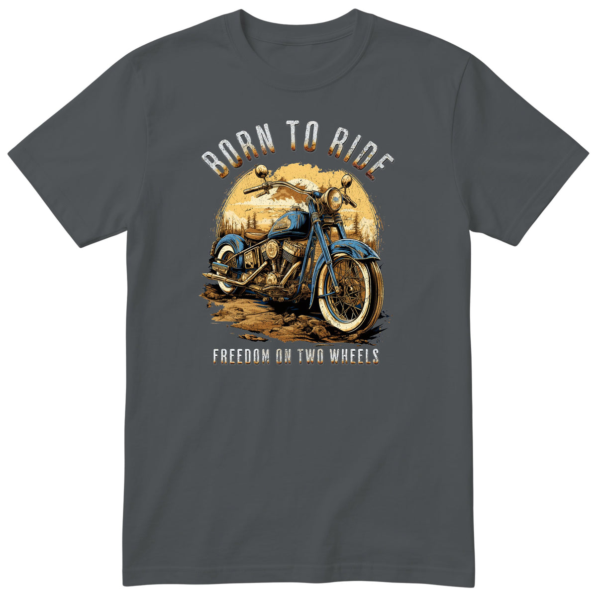 Charcoal Born to Ride motorcycle t-shirt - blue vintage motorcycle on a dirt track with a forest sunset behind, gift for a biker