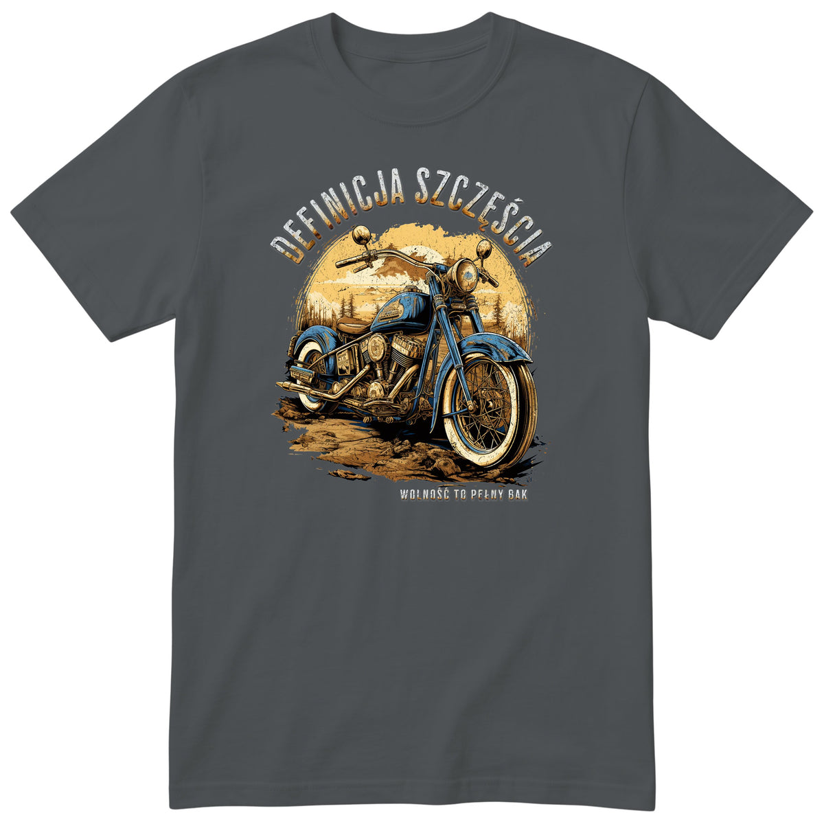 Grafitowa koszulka motocyklowa „Definicja Szczęścia” - niebieski motocykl vintage na polnej drodze w złotym zachodzie słońca, polski nadruk