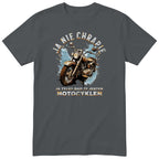 Grafitowa koszulka motocyklowa „Ja Nie Chrapię” - rdzawy motocykl vintage na błękitnej plamie z zaciekami, złote litery, polski nadruk