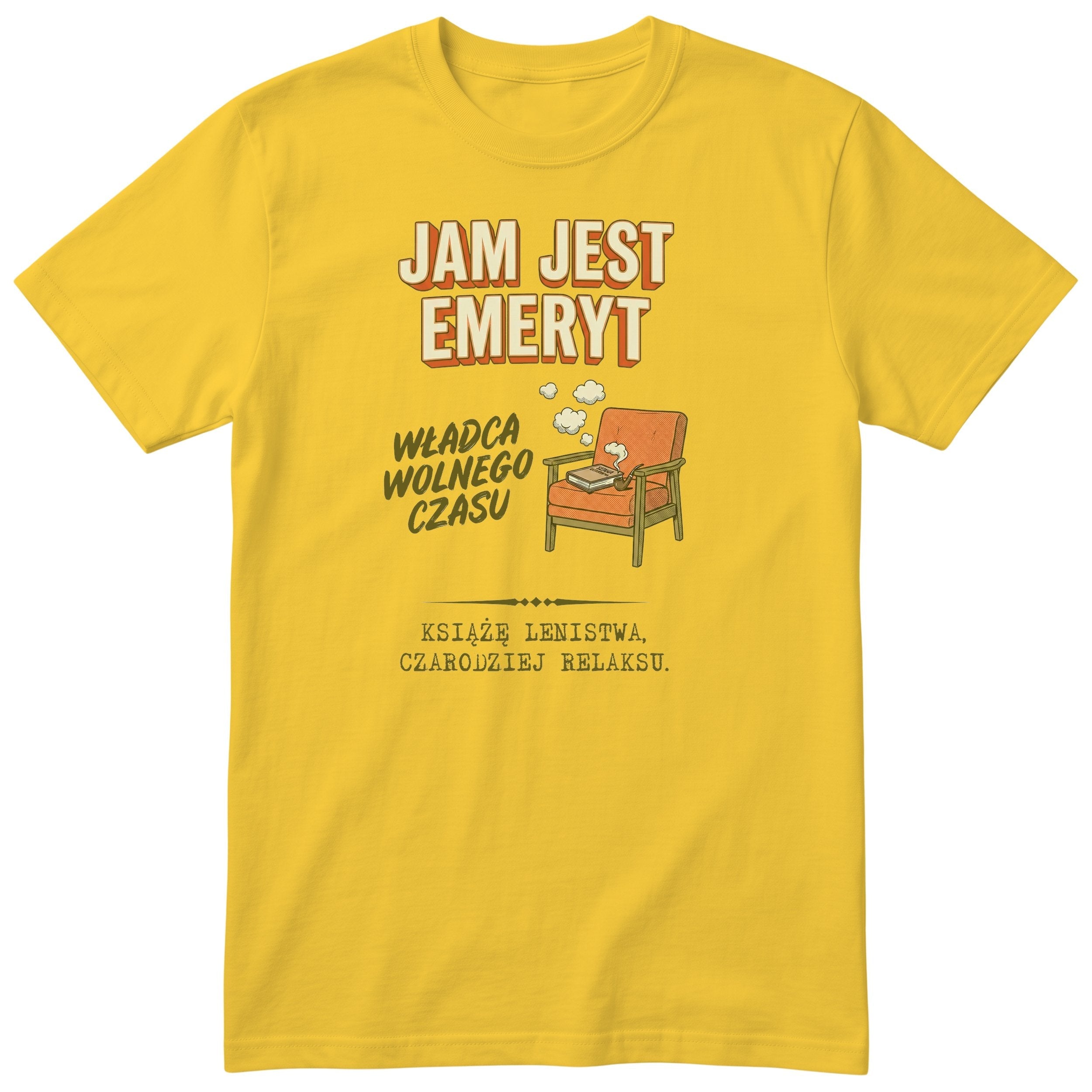 Żółta koszulka męska z polskim nadrukiem Jam Jest Emeryt, retro pomarańczowy fotel, prezent na emeryturę dla taty