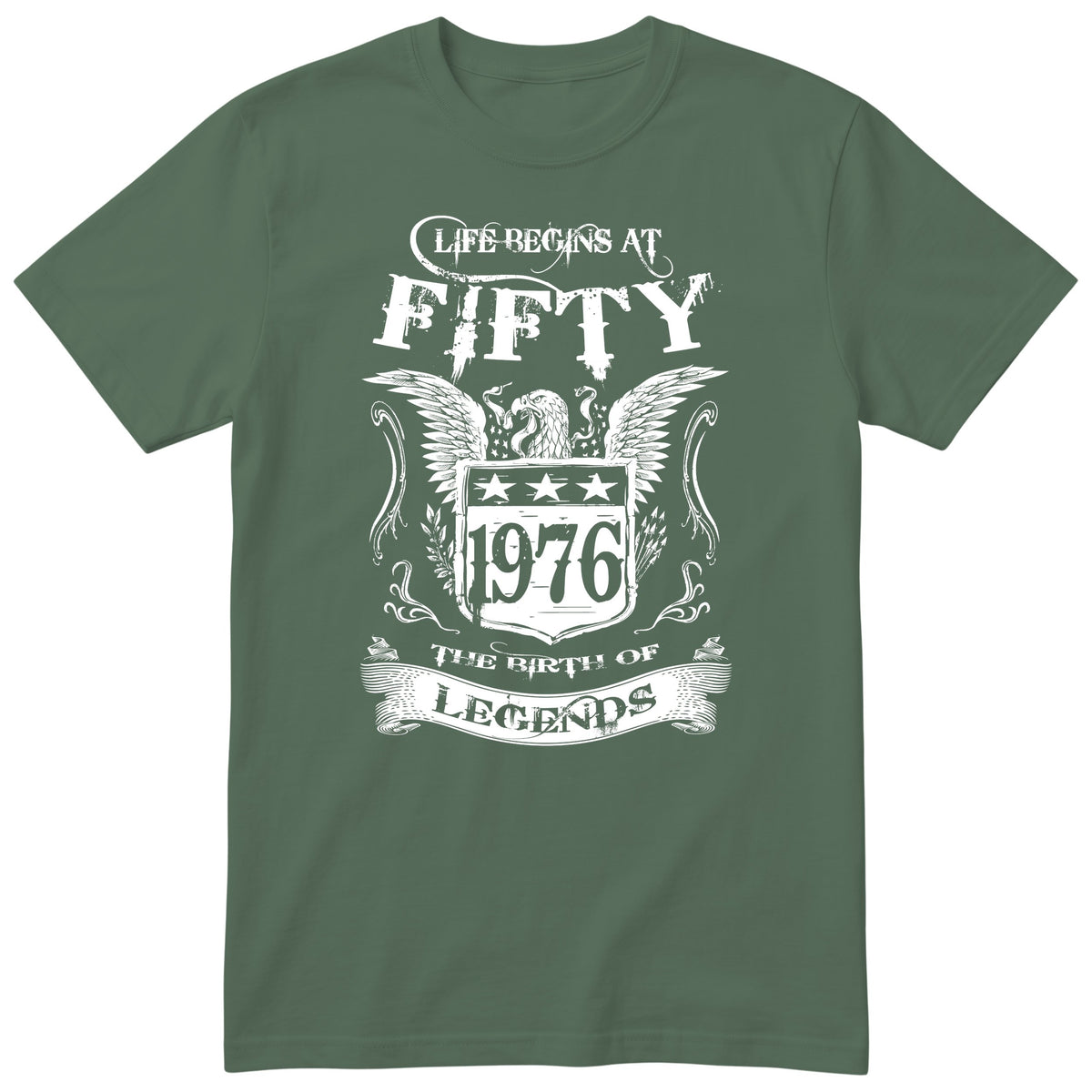 Olive Life Begins At Fifty t-shirt - 50th birthday gift for him with an eagle crest