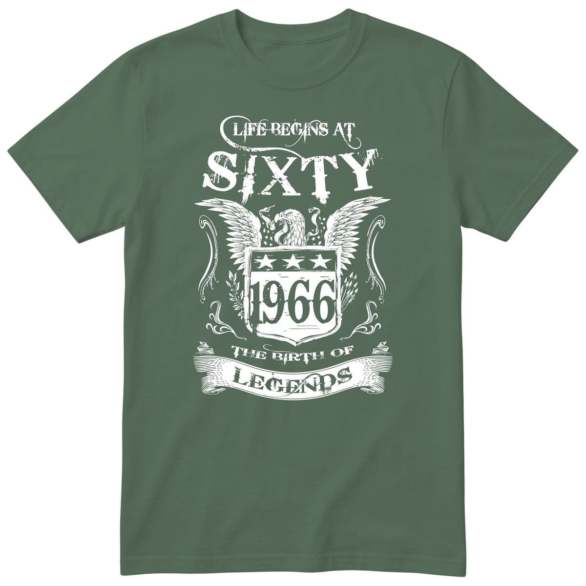 Olive Life Begins At Sixty t-shirt - 60th birthday gift for him with an eagle crest