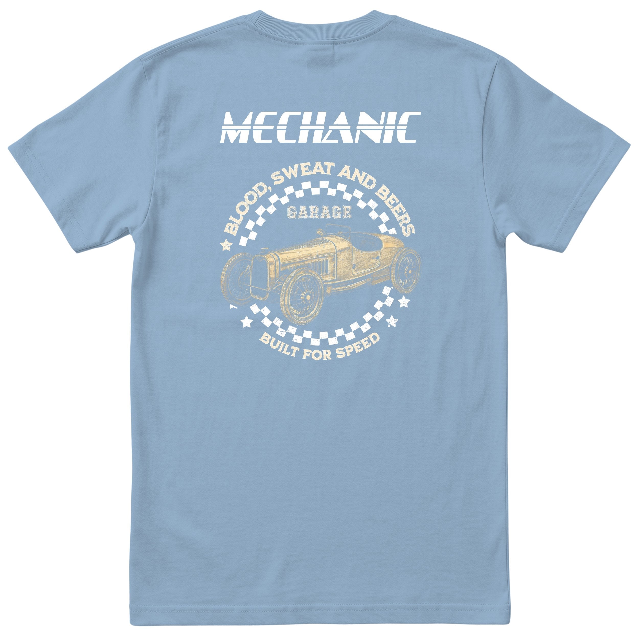 Mechanic Blood Sweat and Beers Garage tee light blue back
