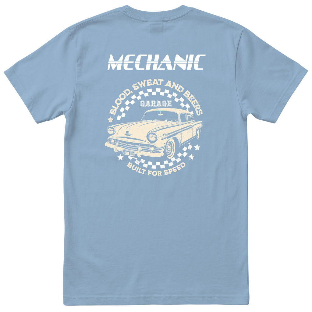 Mechanic Built for Speed garage tee light blue back