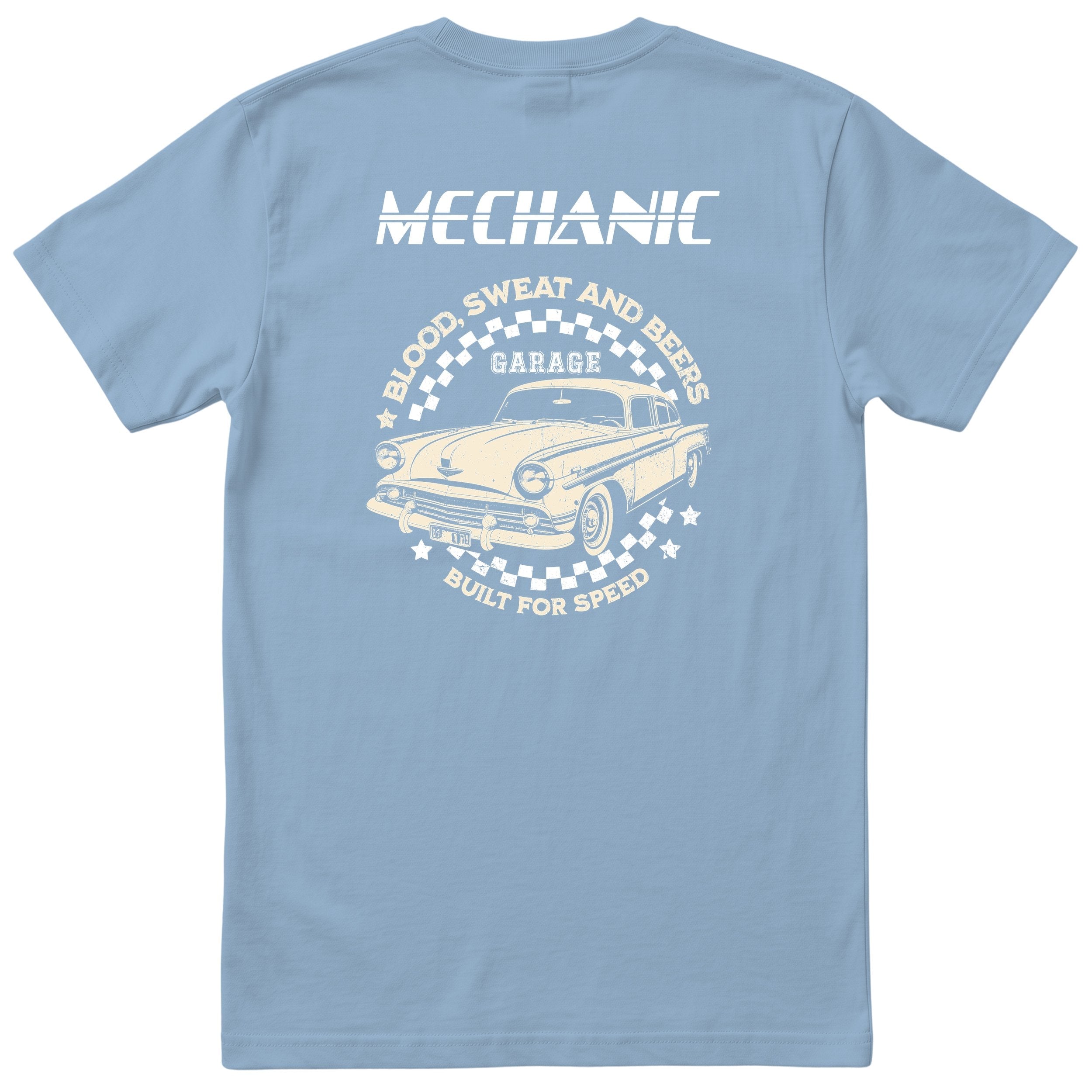 Mechanic Built for Speed garage tee light blue back
