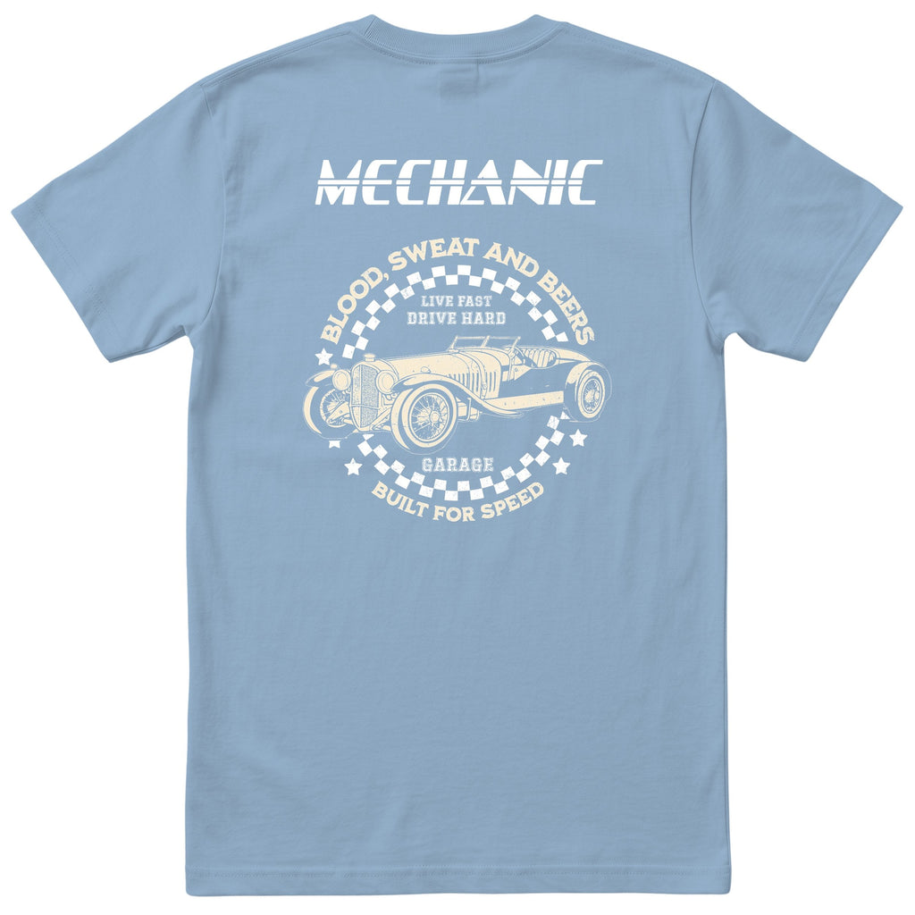 Mechanic Live Fast Drive Hard tee light blue back