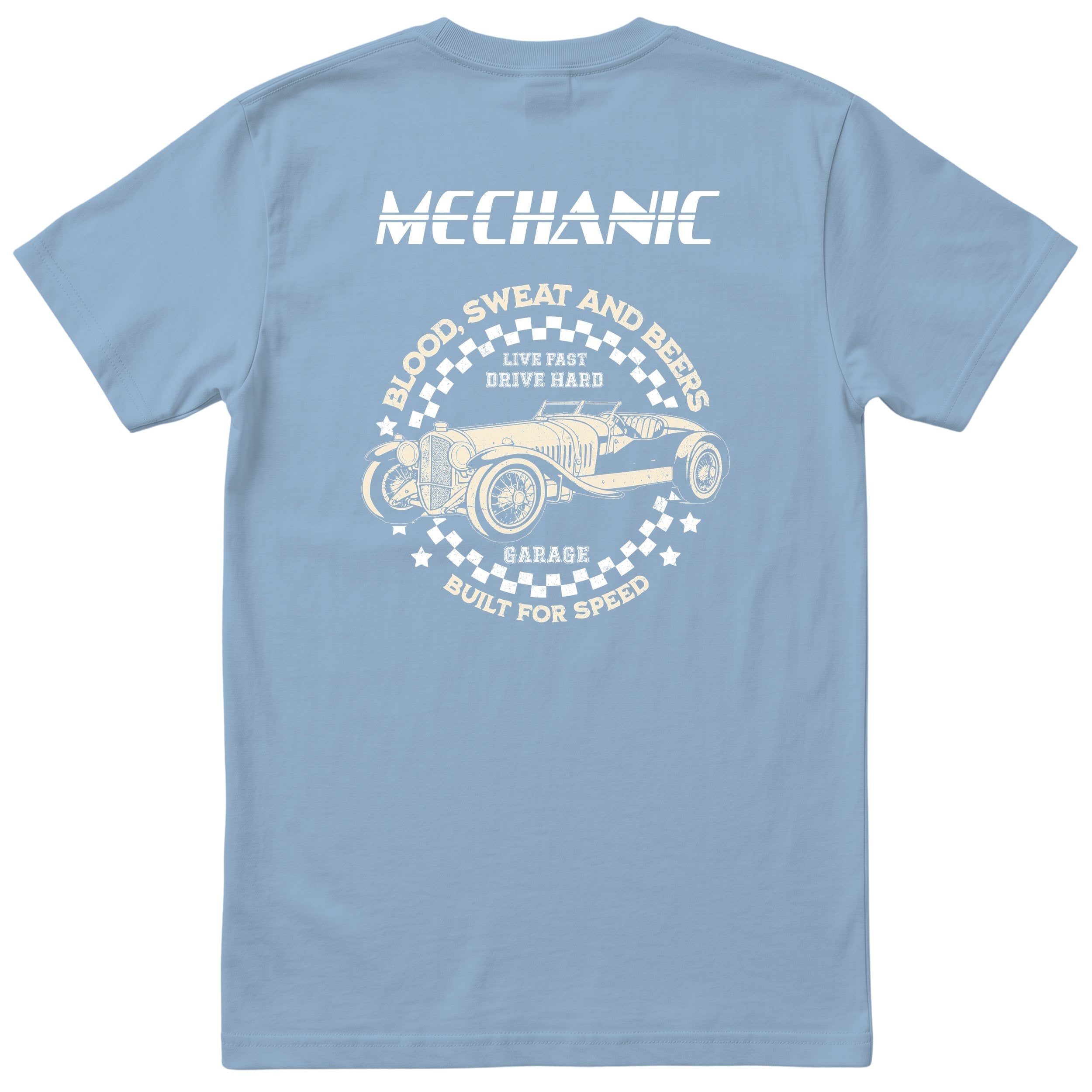 Mechanic Live Fast Drive Hard tee light blue back