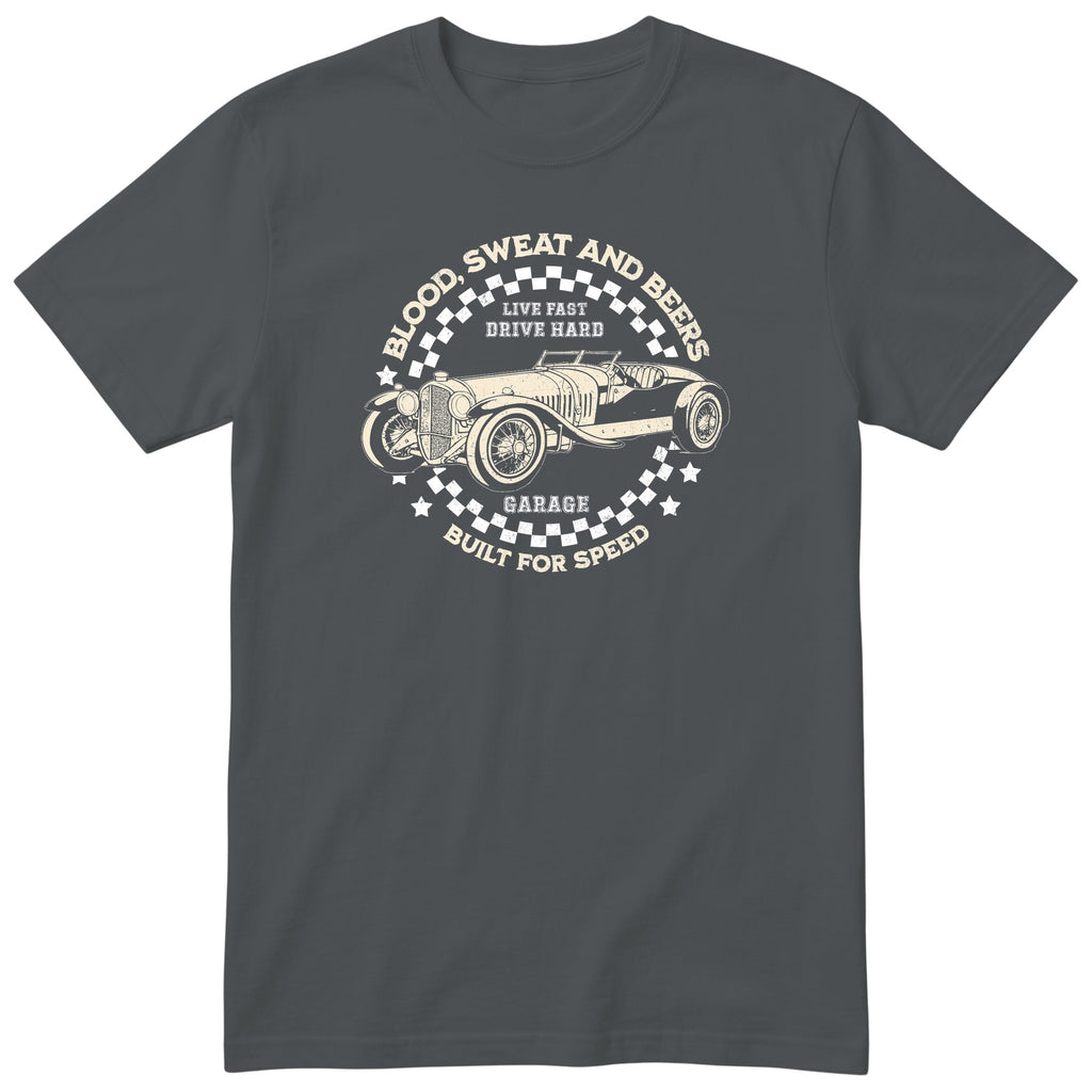 Live Fast Drive Hard garage tee charcoal front