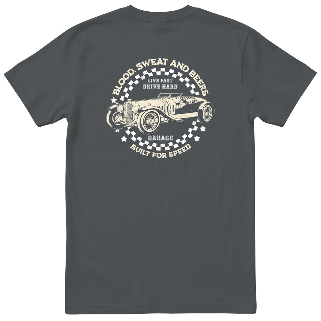 Live Fast Drive Hard garage tee charcoal back