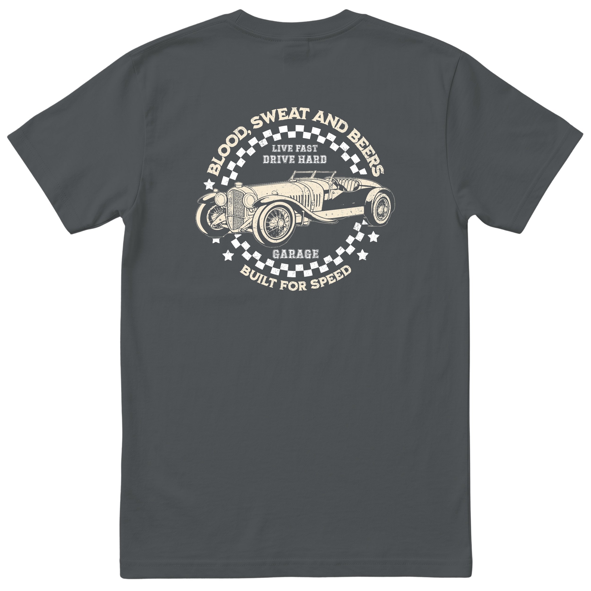 Live Fast Drive Hard garage tee charcoal back