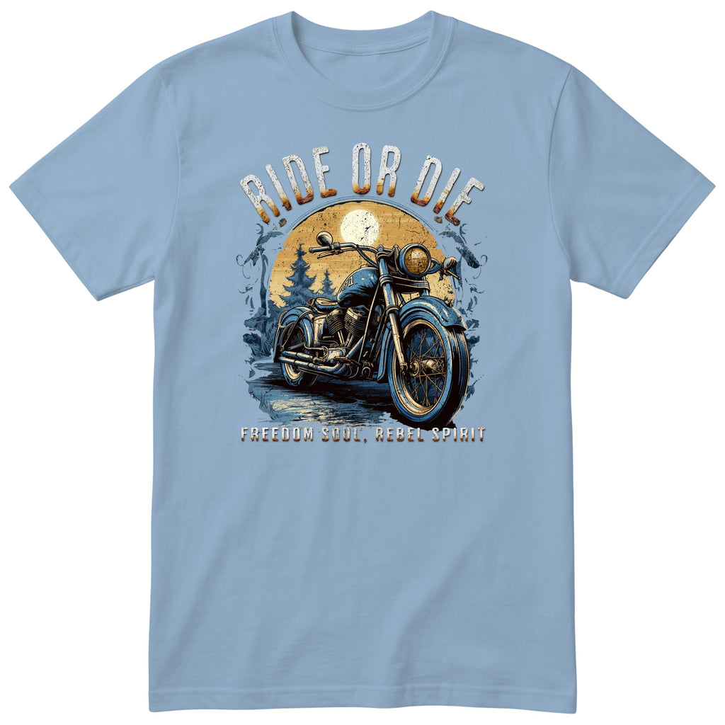 Light Blue Ride or Die motorcycle t-shirt - blue vintage motorcycle on a wet forest road under a full moon, gift for a biker