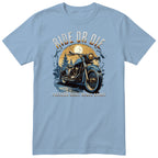 Light Blue Ride or Die motorcycle t-shirt - blue vintage motorcycle on a wet forest road under a full moon, gift for a biker