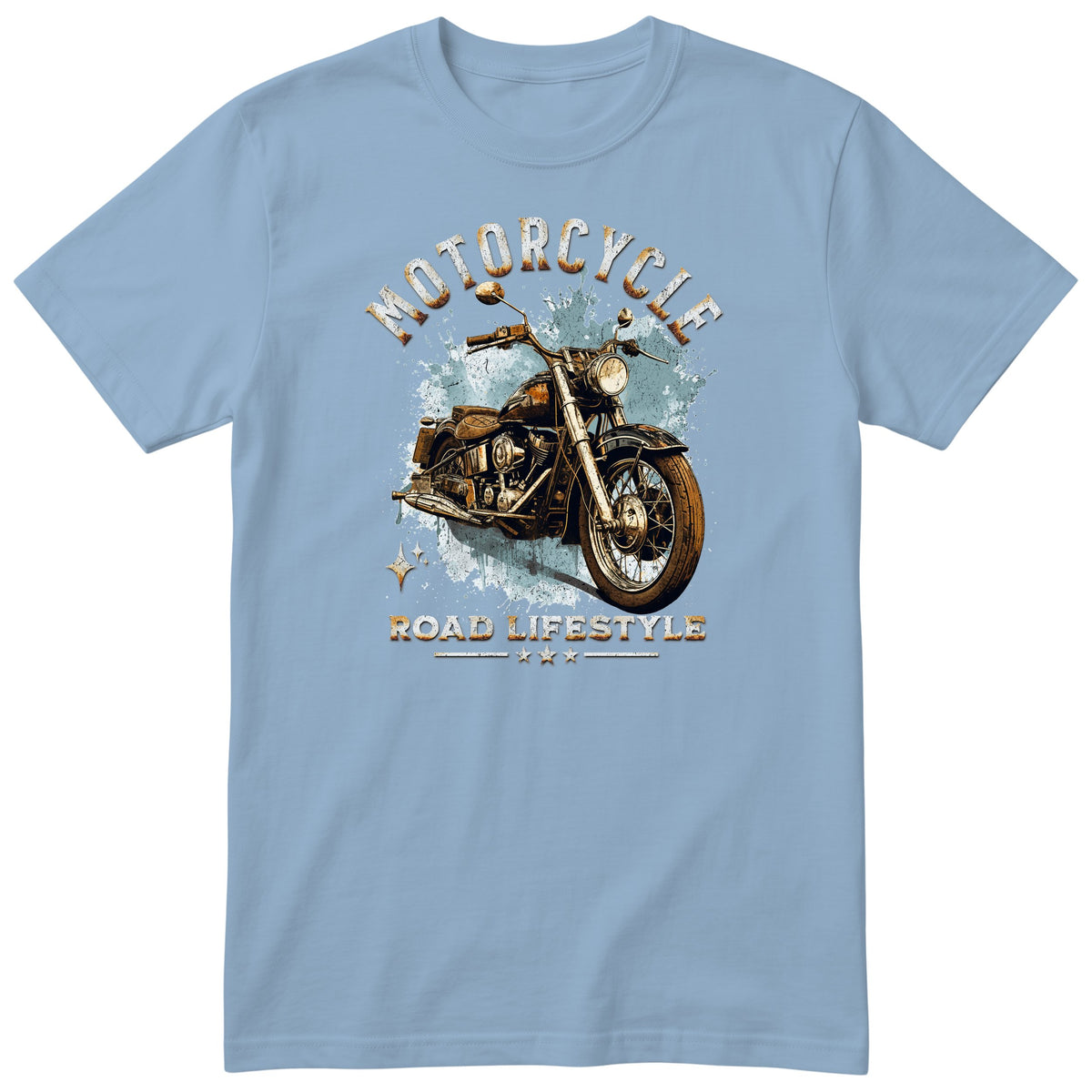 Light Blue Motorcycle Road Lifestyle Freedom motorcycle t-shirt - side view of a vintage motorcycle on an ice-blue splash with sparkles, gift for a biker
