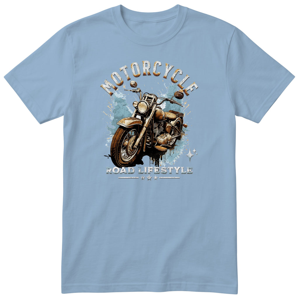 Light Blue Motorcycle Road Lifestyle Iron Horse motorcycle t-shirt - front view of a rusty brown motorcycle on a light blue paint splash, gift for a biker