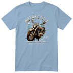 Light Blue Motorcycle Road Lifestyle Iron Horse motorcycle t-shirt - front view of a rusty brown motorcycle on a light blue paint splash, gift for a biker