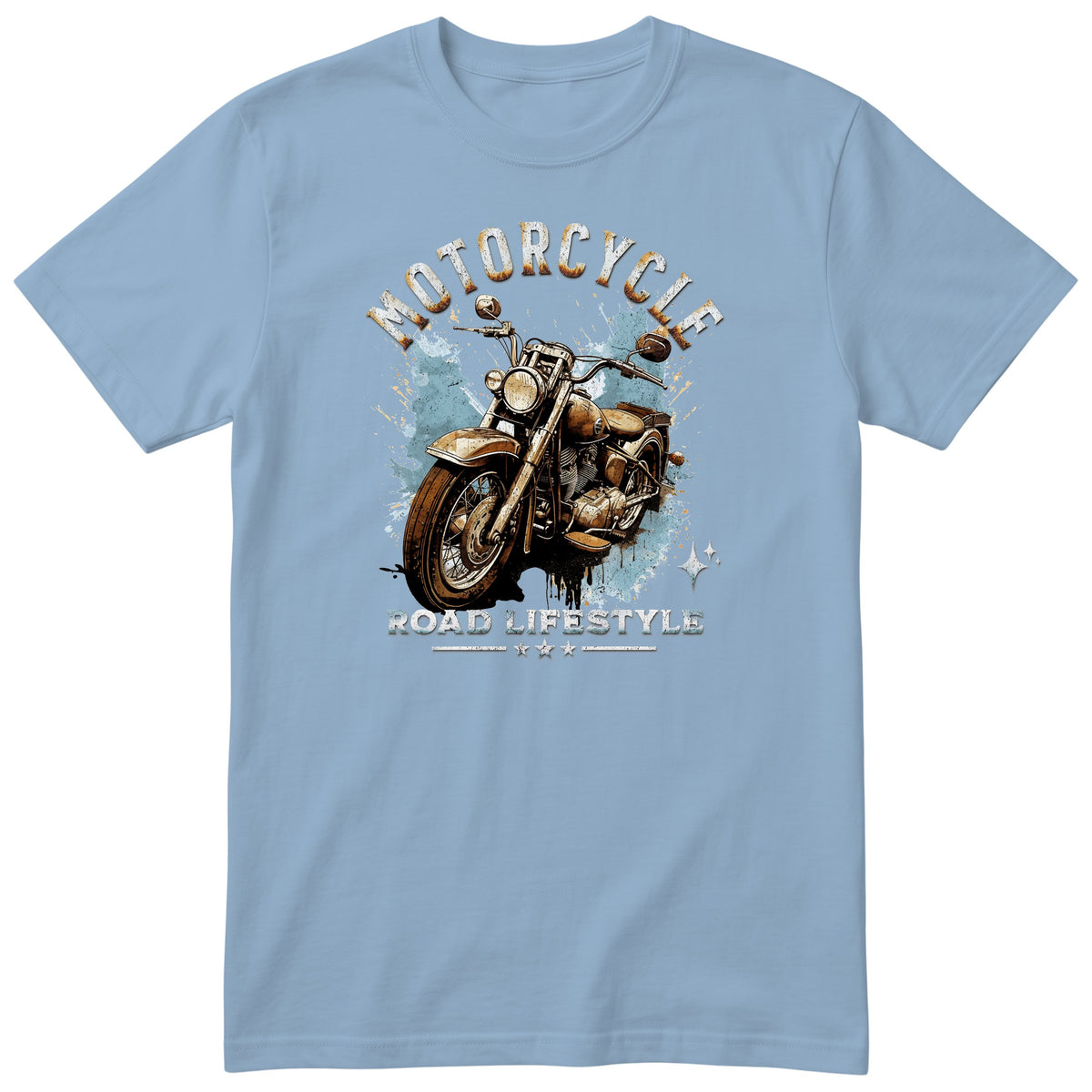 Light Blue Motorcycle Road Lifestyle Iron Horse motorcycle t-shirt - front view of a rusty brown motorcycle on a light blue paint splash, gift for a biker