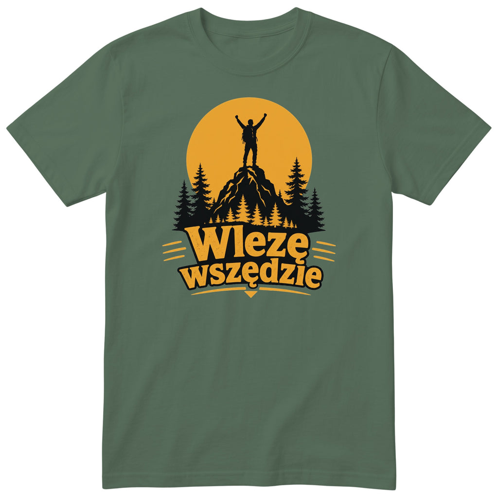 Koszulka "Wlezę Wszędzie" - oliwkowy t-shirt z nadrukiem wędrówki