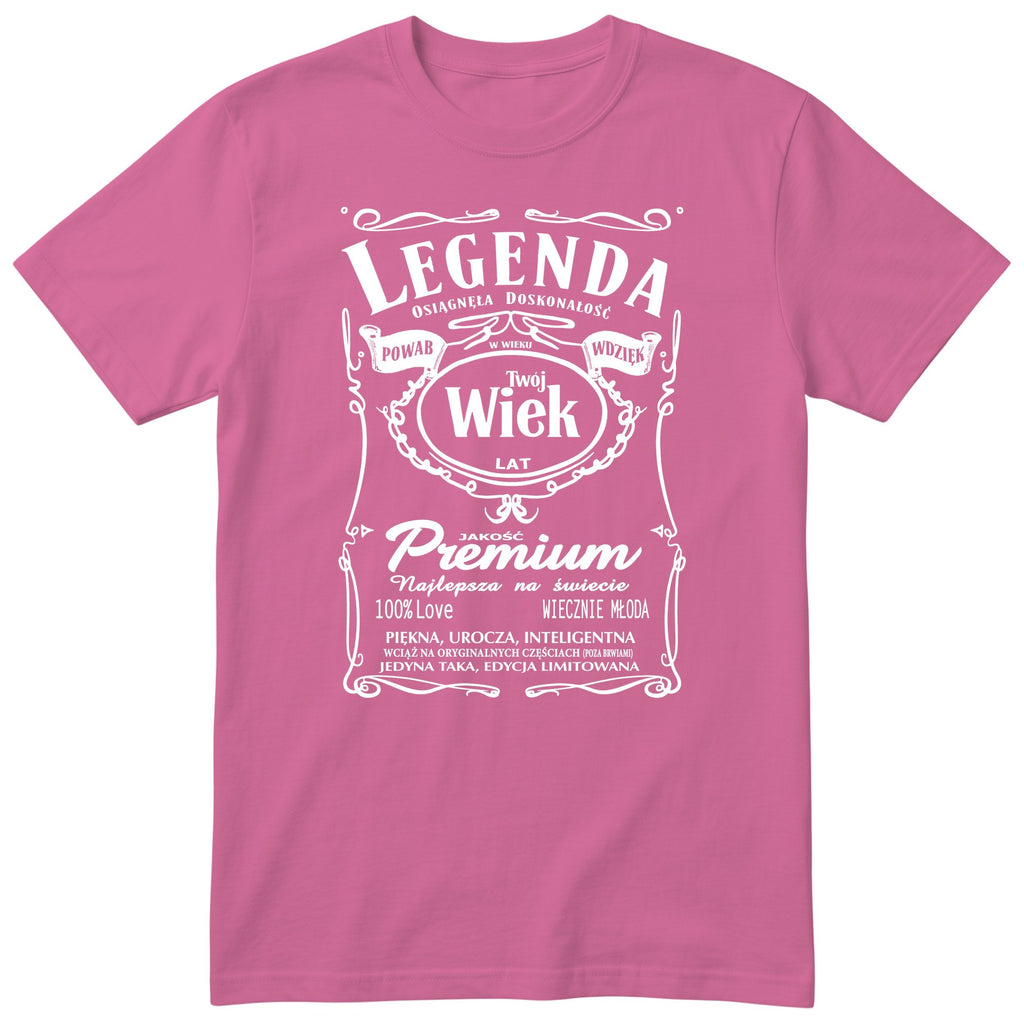 Różowa personalizowana koszulka „Legenda Powab Wdzięk" z dowolnym wiekiem - polski nadruk urodzinowy dla niej