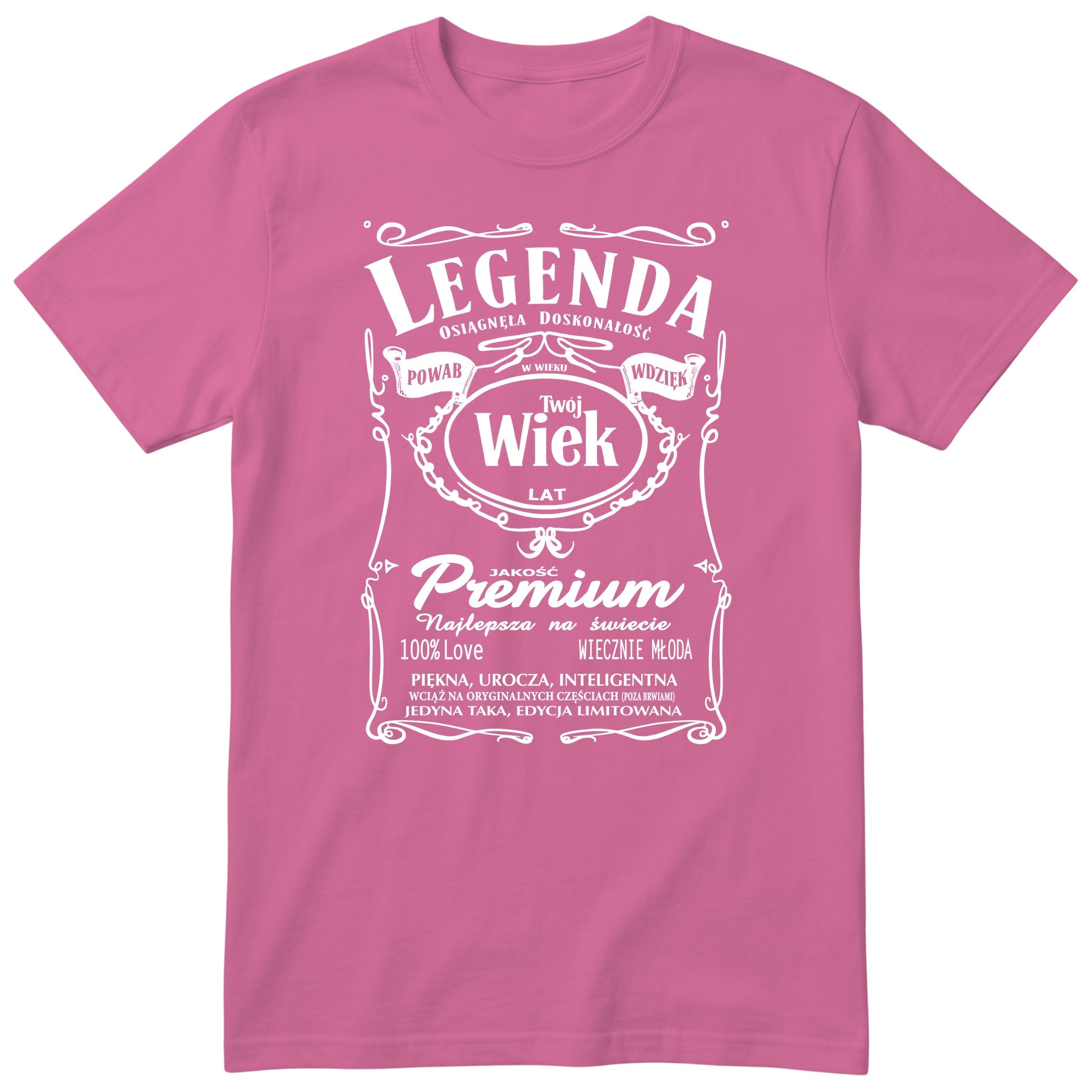 Różowa personalizowana koszulka „Legenda Powab Wdzięk" z dowolnym wiekiem - polski nadruk urodzinowy dla niej