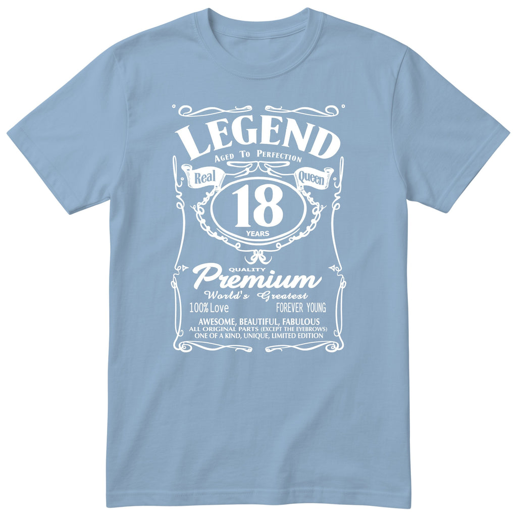 Legend Real Queen 18th birthday t-shirt for women on light blue Gildan 64000 vintage label