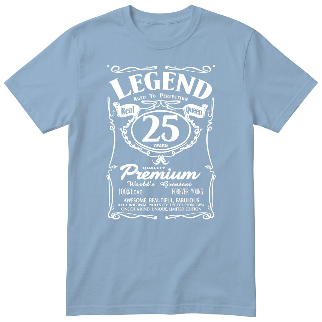 Legend Real Queen 25th birthday t-shirt for women in light blue - Gildan 64000 vintage label