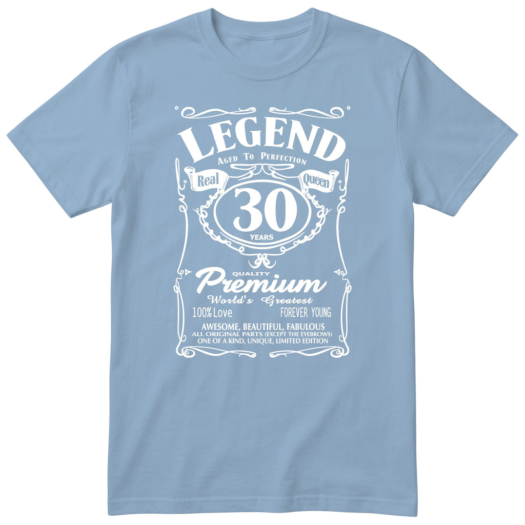 Legend Real Queen 30th birthday t-shirt for women in light blue - Gildan 64000 vintage label