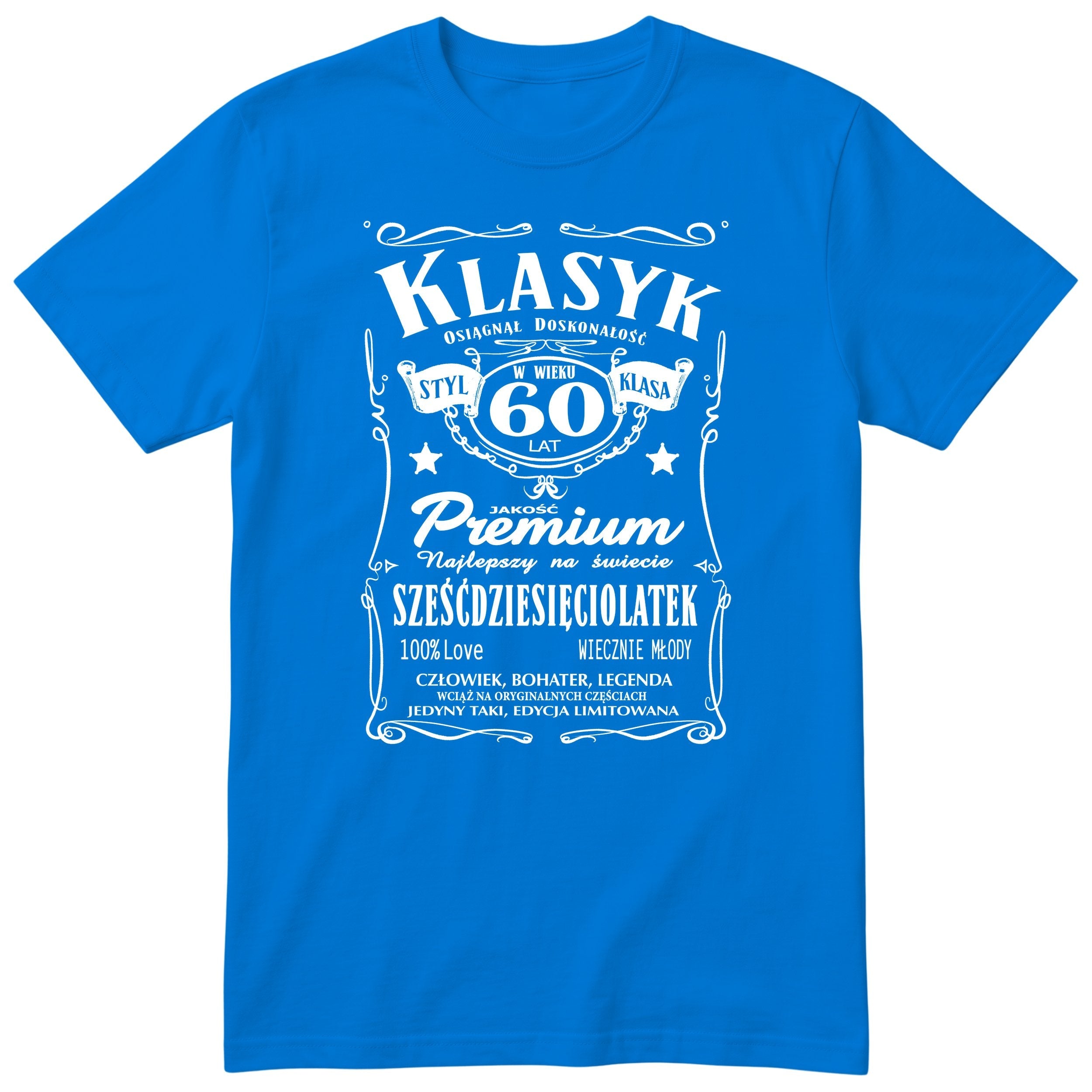 Śmieszna polska koszulka urodzinowa na 60 lat dla mężczyzny - vintage label design Klasyk Człowiek Bohater Legenda