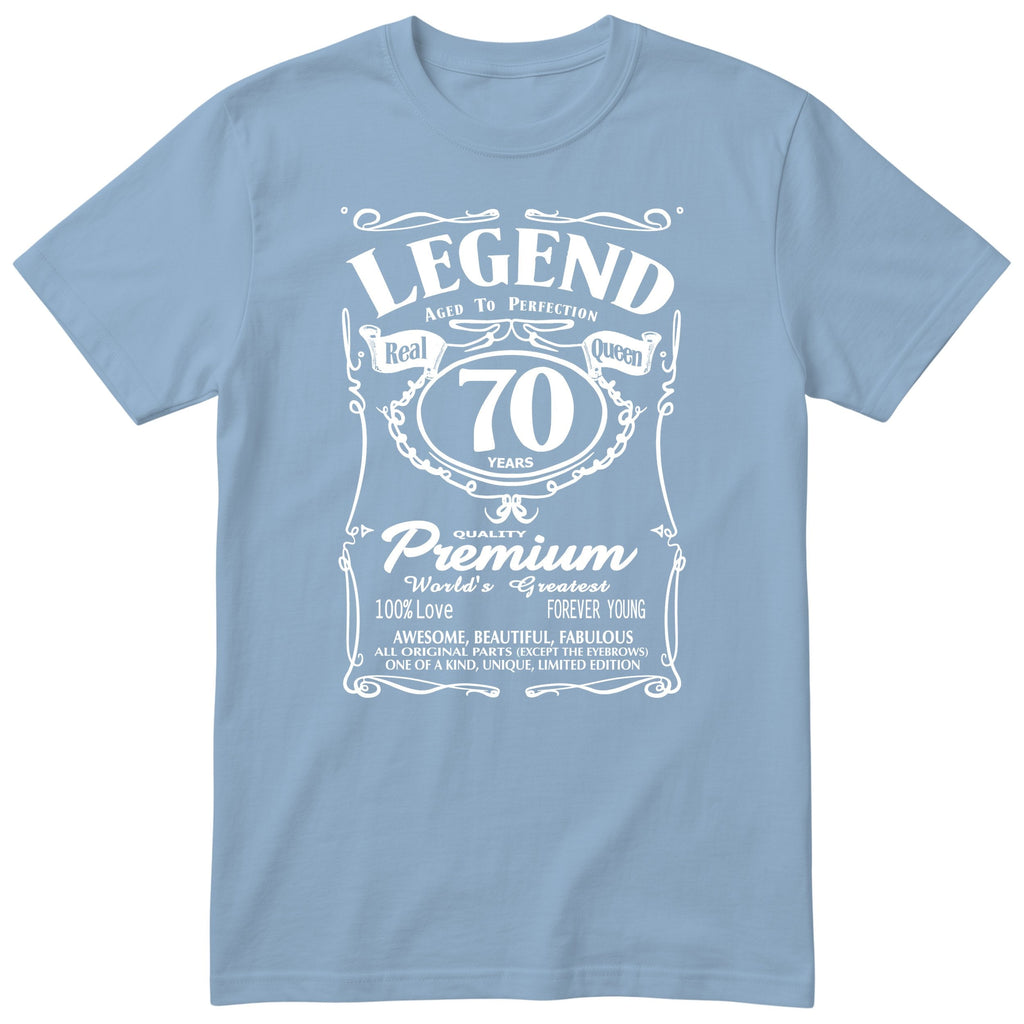 Legend Real Queen 70th birthday t-shirt for women in light blue - Gildan 64000 vintage label