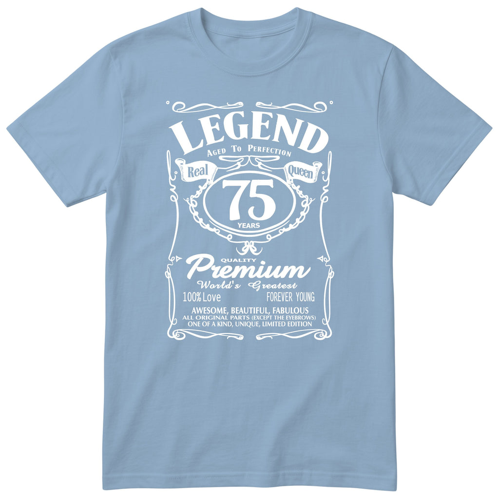 Legend Real Queen 75th birthday t-shirt for women in light blue - Gildan 64000 vintage label