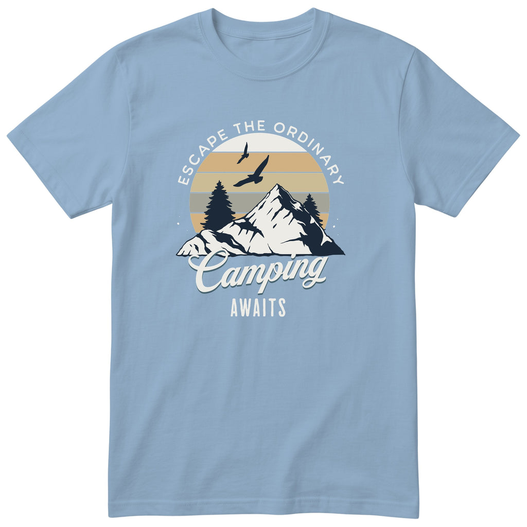 Light Blue Camping Awaits t-shirt - camping gift, unisex, English print
