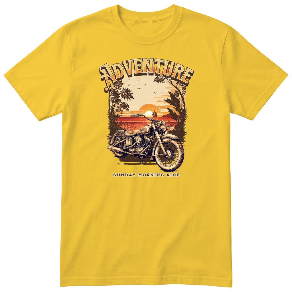 Yellow Adventure Sunday Morning Ride motorcycle t-shirt - vintage motorcycle by the sea at sunrise, palm trees and birds, gift for a biker