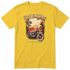 Yellow Adventure Sunday Morning Ride motorcycle t-shirt - vintage motorcycle by the sea at sunrise, palm trees and birds, gift for a biker