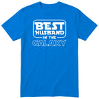Royal blue Best Husband In The Galaxy t-shirt with bold space-age lettering - funny gift for husband from wife, English print
