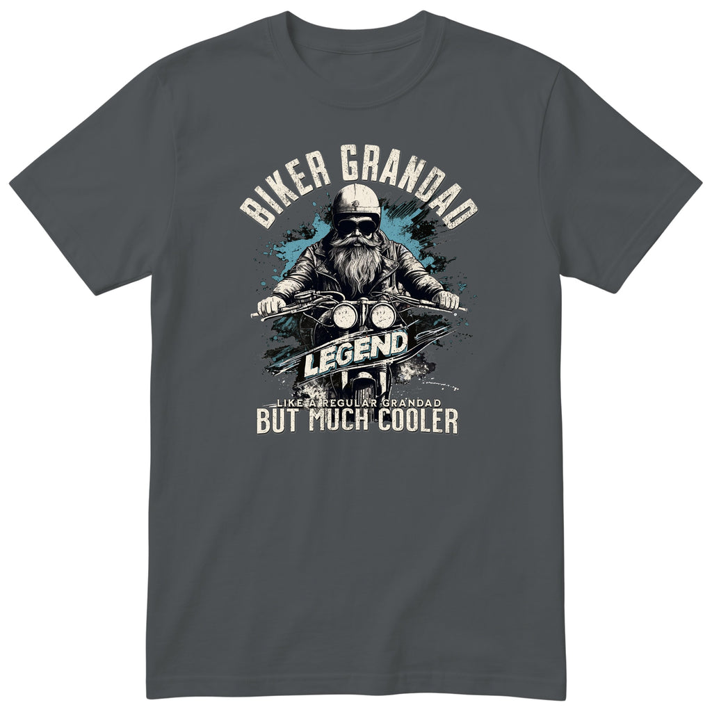 Charcoal Biker Grandad Legend T-Shirt t-shirt - bearded biker in a helmet and sunglasses on a motorcycle, the word LEGEND and a blue paint splash, gift for grandad