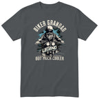 Charcoal Biker Grandad Legend T-Shirt t-shirt - bearded biker in a helmet and sunglasses on a motorcycle, the word LEGEND and a blue paint splash, gift for grandad