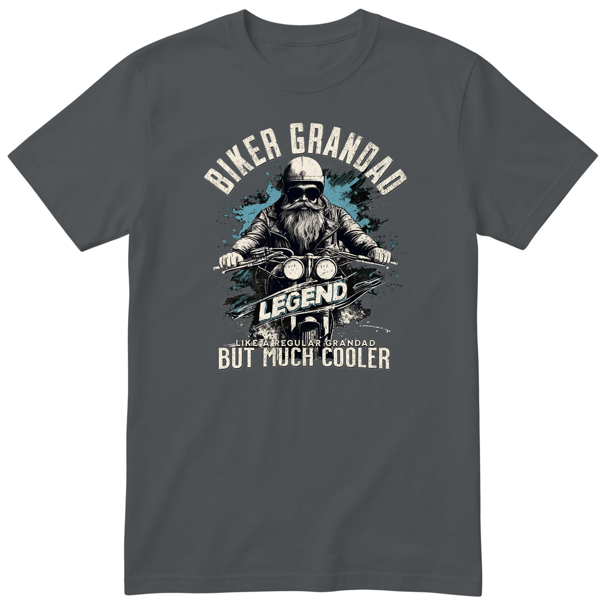 Charcoal Biker Grandad Legend T-Shirt t-shirt - bearded biker in a helmet and sunglasses on a motorcycle, the word LEGEND and a blue paint splash, gift for grandad