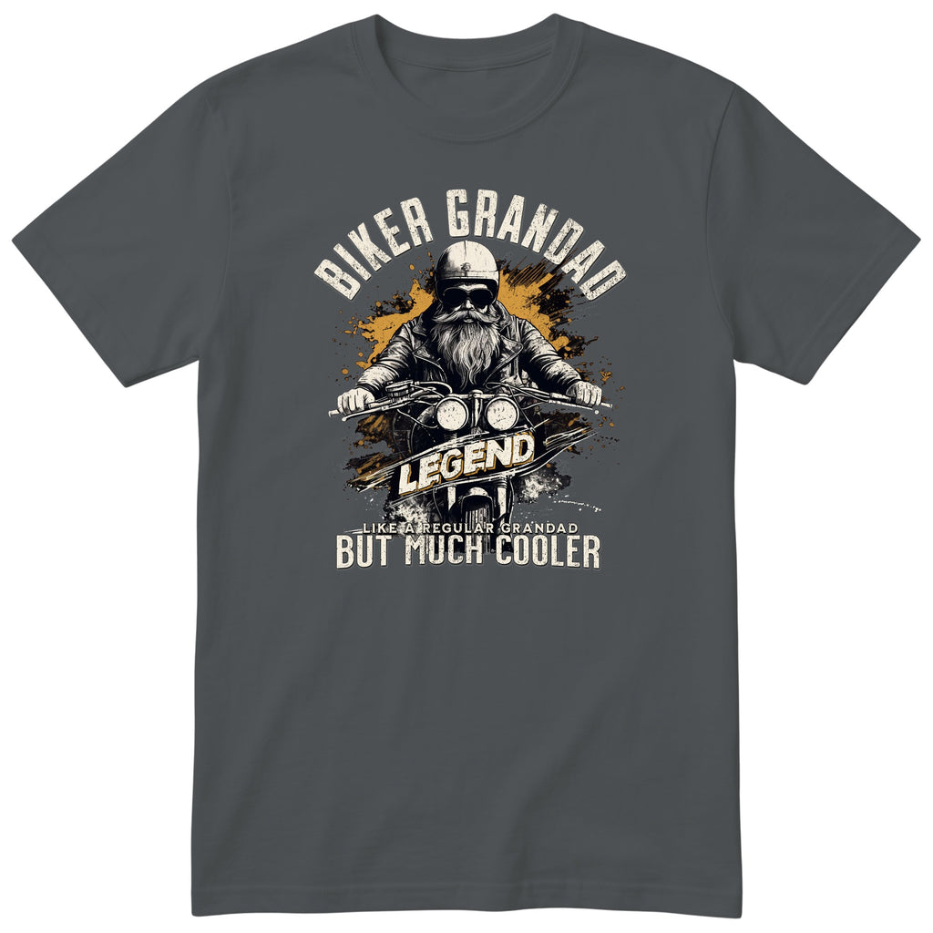 Charcoal Biker Grandad Legend Shirt t-shirt - bearded biker in a helmet and sunglasses on a motorcycle, the word LEGEND and a orange paint splash, gift for grandad